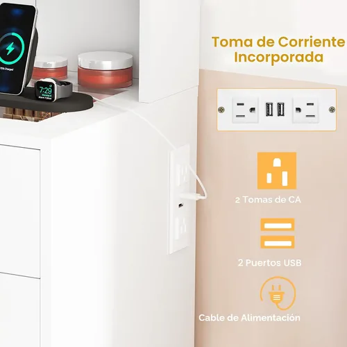 Vista 6 de BEWISHOME - Tocador de maquillaje con espejo y luces, mesa de tocador blanca con superficie de vidrio, toma de corriente, taburete, tocador con 9