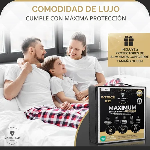 Vista 2 de MATTSHIELD - Juego máximo de 3 piezas – Protector de colchón impermeable de rizo de algodón orgánico individual + 2 protectores de almohada