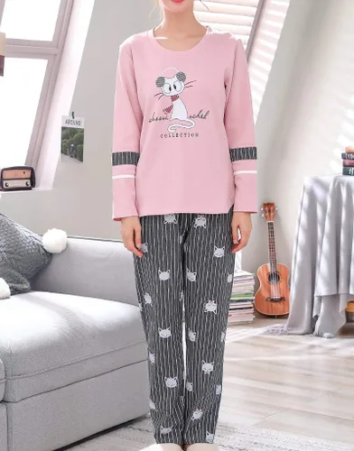 Vista 4 de Vopmocld Conjunto de pijama de gatos lindos para niñas grandes, 2 piezas, ropa de dormir de algodón para invierno