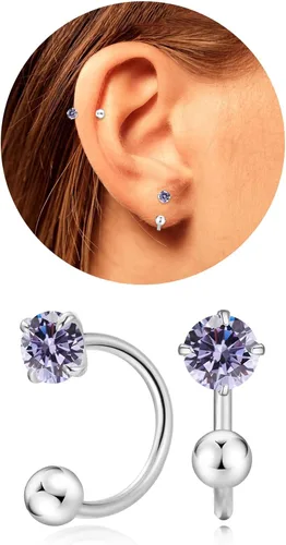 Vista 30 de Pequeños aretes de piedra natal natural de 0.118 pulgadas para mujeres, adolescentes y niñas, pequeños aretes de medio aro para cartílago