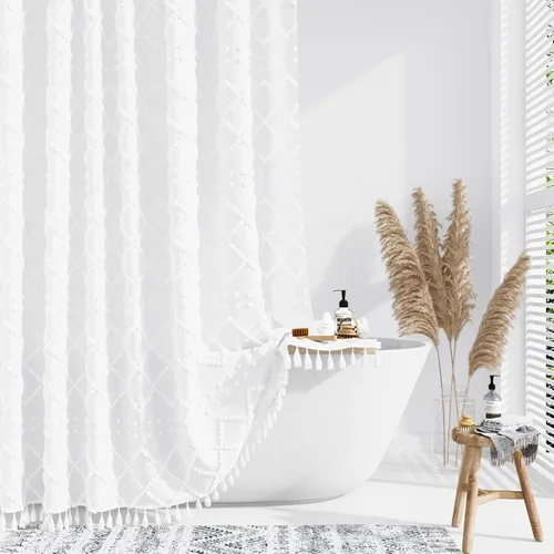 Vista 8 de Dynamene Cortina de ducha de tela de 36 x 72 pulgadas, diseño bohemio, geométrico, a rayas, para baño, juego de cortina de ducha estrecha gruesa
