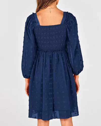 Vista 5 de BTFBM Vestidos fruncidos con cuello cuadrado para mujer, verano, otoño, manga larga, floral, lunares suizos, volantes, mini vestido bohemio
