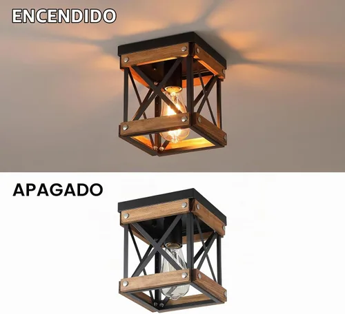 Vista 7 de Lámpara de techo rústica de madera de granja, jaula cuadrada de madera de roble y metal, pequeña lámpara de techo semiempotrada para cocina