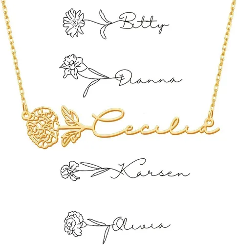 Vista 13 de TRANGEL Custom Birth Flower Name Necklace Personalized 18K Gold Plated Necklace Floral Pendant Jewelry Mothers Christmas Birthday Gift for Women