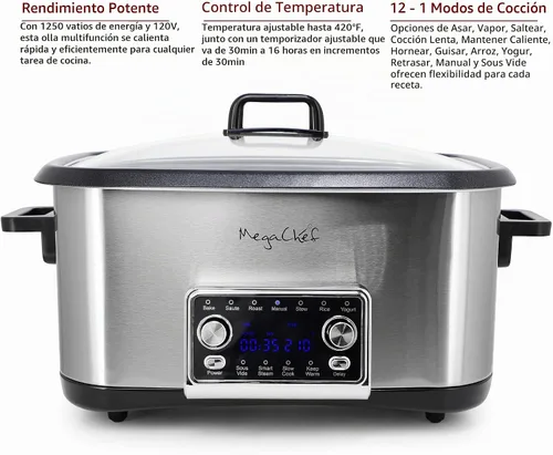 Vista 5 de MegaChef Cocina múltiple programable 12 en 1 de lujo de 8 cuartos de galón con Sous Vide y multifunción, pantalla digital, temperatura y tiempo