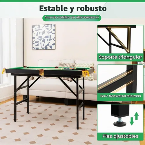 Vista 10 de GYMAX Mesa de billar, mesas de billar plegables de 48 pulgadas con bolas, 2 palillos de taco, tizas y cepillo, mini mesa de billar para niños Verde