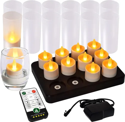 Vista 9 de HL Velas sin llama con temporizador remoto, más de 100 horas recargables, impermeables, funciona con pilas, con base de carga, velas flotantes