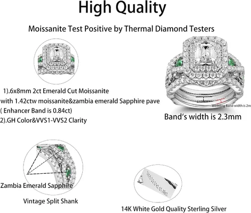 Vista 3 de DovEggs 4.3ct Total 6x8mm GHI Color Emerald Cut Moissanite Antqiue Double Halo Engagement Ring Zambia Emerald Sapphire Curved Enhancer Guard Band