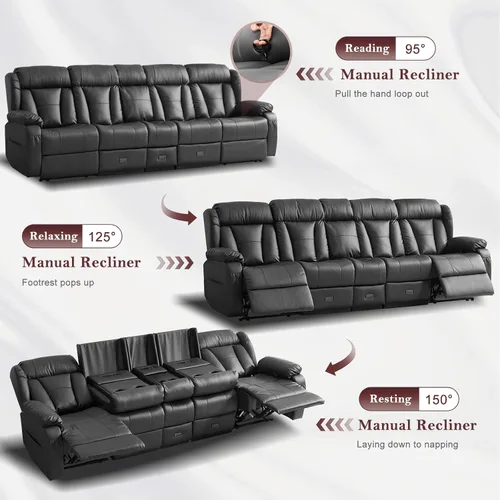Vista 4 de Sofá biplaza reclinable manual de 110 pulgadas, sillón reclinable de 4 asientos con consola, mesa plegable y salidas integradas, sofá reclinable