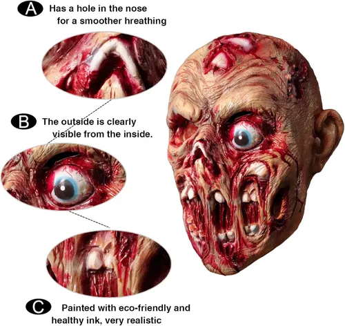 Vista 6 de Molezu Máscara de cabeza de zombi de látex espeluznante y espeluznante para Halloween fiesta cosplay accesorios sangrientos para adultos zombi