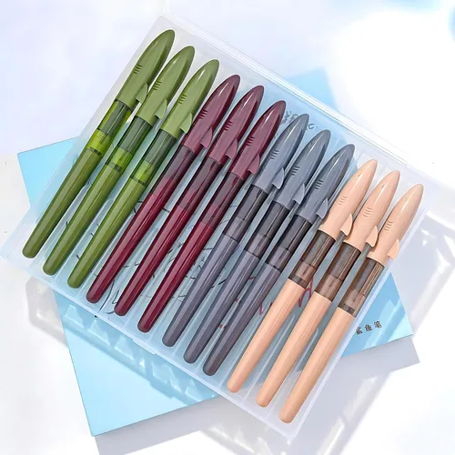 Vista 7 de Jinhao Shark - Pluma estilográfica, paquete de 12 puntas EF, tonos apagados retro (marfil, borgoña, gris, negro transparente, aguacate, té), estuche