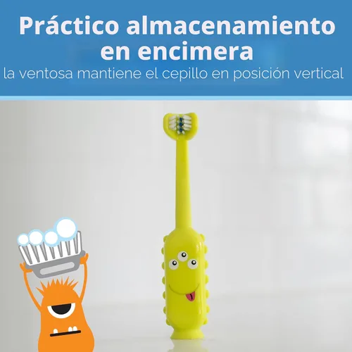 Vista 6 de Dr. Brown's ToothScrubber Cepillo de dientes para niños pequeños, cepillo de dientes de entrenamiento de triple cara con base de ventosa, monstruo