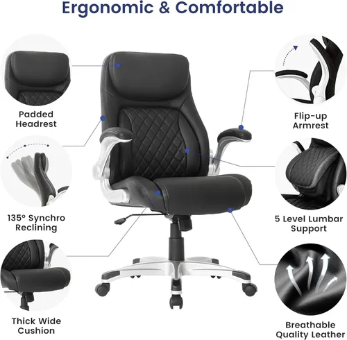 Vista 4 de Nouhaus Silla Ergonómica de Oficina de Cuero de Microfibra Premium, Soporte Lumbar Ajustable y Reposabrazos, Respaldo Alto, Cómodas Sillas