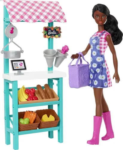 Vista 7 de Juego de Barbie Careers, set de mercado de granjeros con muñeca de moda rubia, muebles y accesorios
