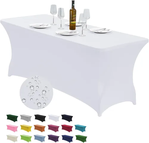 Vista 27 de CWK - Funda de mesa de elastano elástica impermeable de 4 pies para mesas rectangulares - Mantel elástico ajustable para mesas plegables, tela