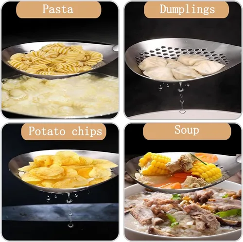 Vista 8 de Colador de araña de acero inoxidable con mango de madera para freír pasta, utensilios de cocina Small fine wire mesh strainer spoon, multipurpose