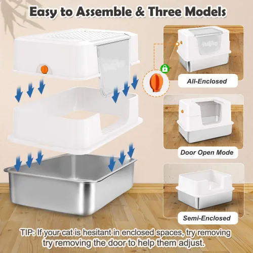 Vista 3 de Vivifying XL Enclosed Stainless Steel Cat Litter Box with Lid, White