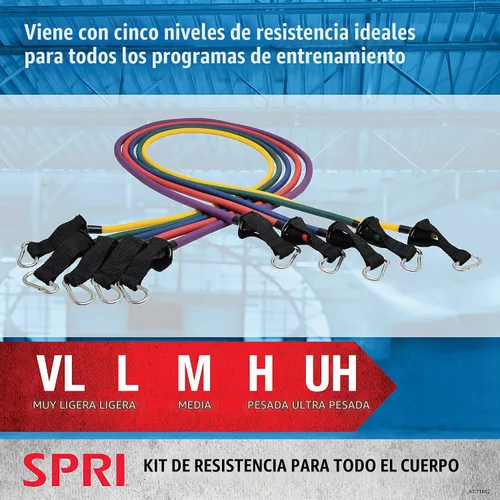 Vista 4 de SPRI Kit de banda de resistencia, tubos intercambiables de entrenamiento de resistencia para tonificación de cuerpo completo, incluye 5 bandas