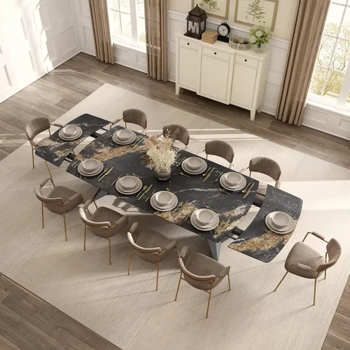 Vista 8 de Honyee Mesa de comedor de piedra sinterizada, mesa de comedor extensible con hojas, parte superior rectangular de aspecto de mármol, asientos 6-12