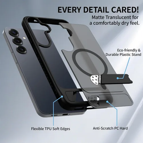 Vista 8 de Funda magnética para Samsung Galaxy S25+ Plus / S24+ Plus, soporte invisible integrado, compatible con MagSafe, translúcida a prueba de golpes Negro