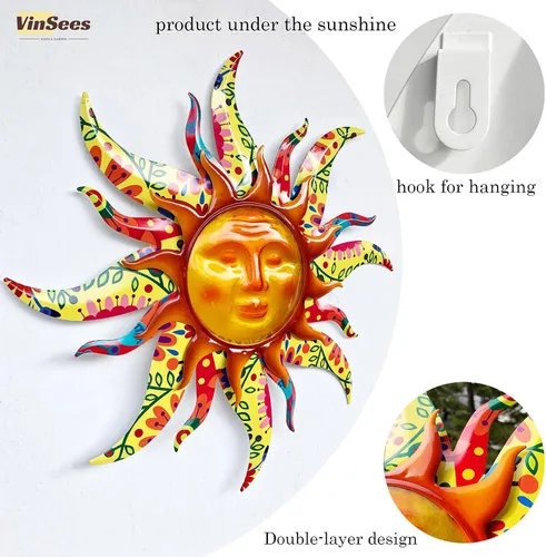 Vista 5 de Decoración de pared de sol de metal de 19 pulgadas, decoración de pared de sol de metal 3D de doble capa y vidrio para exteriores e interiores