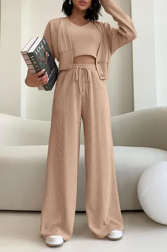 Vista 6 de PRETTYGARDEN Trajes de 3 piezas para mujer, conjuntos a juego, cárdigan de punto acanalado, camisetas sin mangas, pantalones de pierna ancha