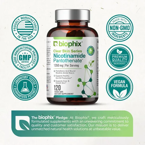 Vista 3 de biophix Pantotenato de nicotinamida B-3 1350 mg 120 Vcaps - Clear Skin Series B5 Ácido pantoténico Natural Flush-Free Nicotinic Amide Niacina