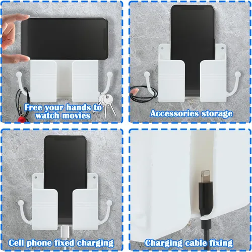 Vista 5 de 3 soportes para teléfono de montaje en pared, caja de almacenamiento universal con soporte para control remoto, ganchos para cable de carga