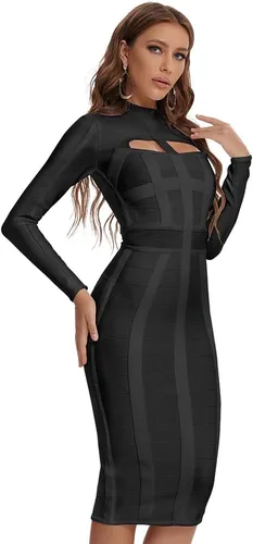 Vista 2 de HLBandage Elegante cuello alto manga larga ahueca hacia fuera celebridad vendaje vestido