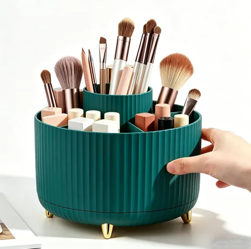 Vista 14 de Organizador de brochas de maquillaje giratorio de 360 grados, diseño desmontable, 5 ranuras, para cosméticos y lápices, organizador para escritorio