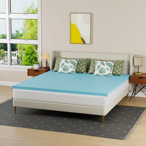 Vista 8 de PayLessHere - Cubrecolchón de espuma viscoelástica de gel completo de 2 pulgadas, firme de felpa, color azul Cubrecama de diseño ventilado