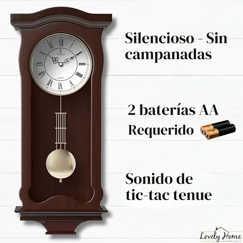 Vista 4 de Reloj de pared de péndulo a pilas, reloj de pared colgante de madera con péndulo, silencioso y sin timbre, madera real, decorativo para decoración