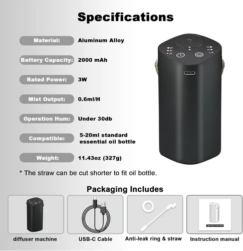 Vista 8 de Difusor de aceite esencial sin agua con asa, difusor de aroma para automóvil, hogar, oficina, baño, con temporizador, pequeño difusor de Negro