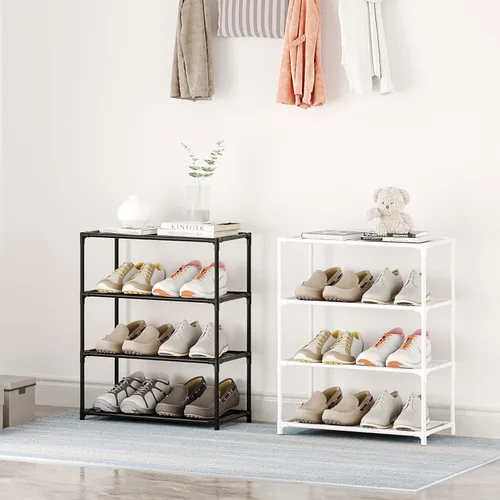 Vista 4 de Zapatero pequeño de 6 a 8 pares de estantes resistentes para zapatos de 4 niveles, organizador de zapatos estrecho apilable, estantes ligeros