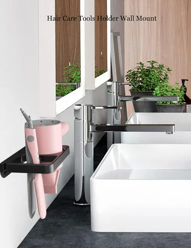 Vista 6 de Soporte de pared para secador de pelo y alisador, organizador de herramientas para el cabello 2 en 1, negro, plástico, redondo, temático espacial