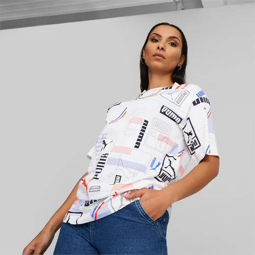 Vista 3 de PUMA Camiseta estampada clásica para mujer, blanco-AOP, Blanco-aop