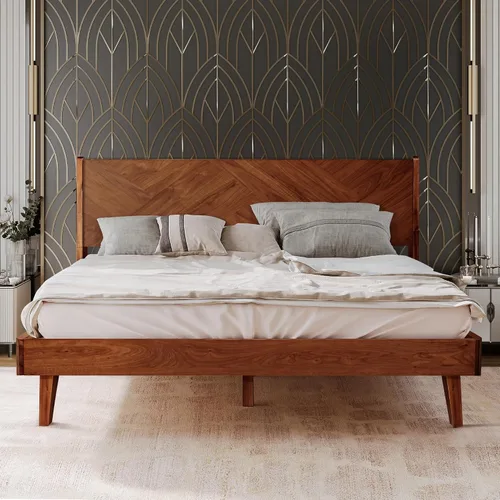 Vista 10 de Gazelle Signature - Marco de cama con cabecera alta de plataforma de madera maciza, marco de cama Queen, cama de madera natural Art Deco compatible