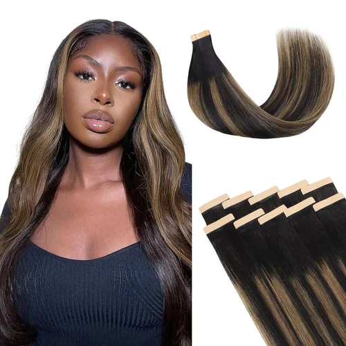 Vista 10 de Extensiones de cabello Lashey de 14 pulgadas; extensiones de cabello humano real lacio color negro azabache con trama adhesiva para mujeres, 20