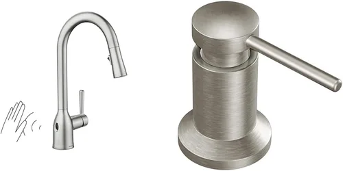 Vista 17 de Moen Adler Grifo de fregadero de cocina cromado de un solo mango con arco alto y fuerza de limpieza, llave de cocina moderna con rociador extraíble