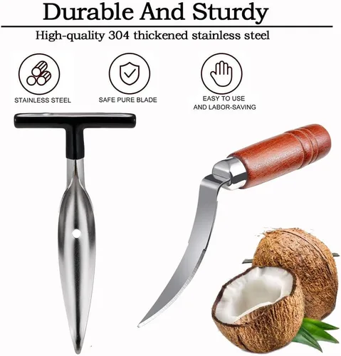 Vista 3 de Juego de herramientas de abridor de coco de alta calidad, cuchillo raspador de coco y removedor de carne de coco de acero inoxidable con mango