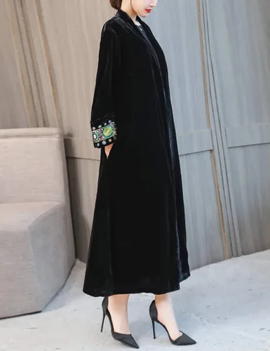 Vista 3 de Omoone Gabardina larga bordada de terciopelo vintage para mujer