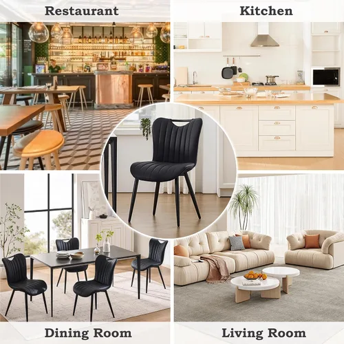 Vista 6 de Juego de 2 sillas de comedor tapizadas de cuero, modernas sillas de comedor de cocina de mediados de siglo con patas de metal negro, sillas