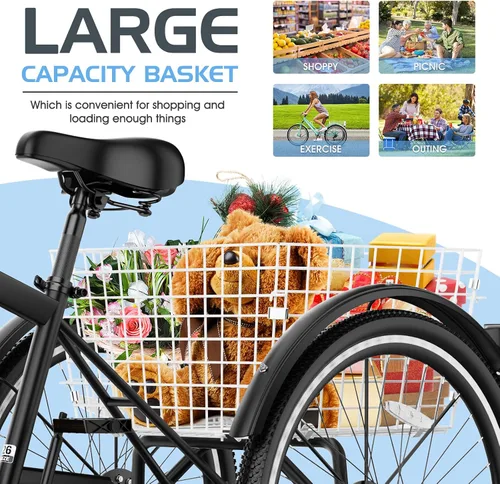 Vista 4 de Slsy Triciclo de montaña para adultos, bicicleta de tres ruedas de 7 velocidades, triciclos para adultos de 24/26 pulgadas para personas mayores