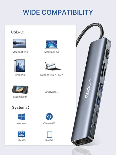 Vista 7 de Dockteck Hub USB-C 9 en 1: HDMI 4K a 60Hz, Ethernet, 100W PD, audio, 2 x USB-A 5 Gbps, lector de tarjetas SD/TF para MacBook, iPad, XPS, Microsoft