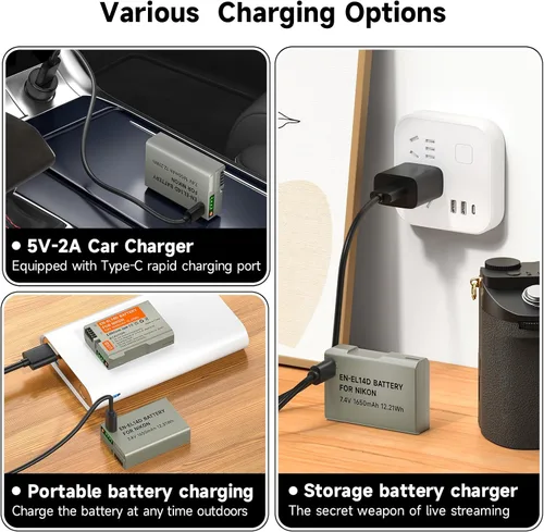 Vista 4 de EN-EL14, EN-EL14A USB C Batería de repuesto de carga directa para Nikon D3500, D3100, D3200, D3300, D3400, D5100, D5200, D5300, D5500, D5600, DF