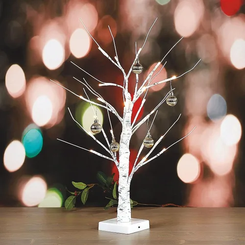 Vista 6 de Lillian Vernon Árbol de Pascua con luz de abedul blanco – Árbol de Navidad de mesa LED de 15 pulgadas, luces y temporizador, mini adorno para centro