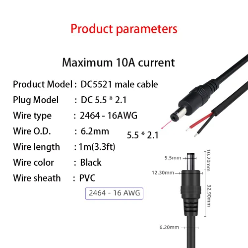 Vista 2 de Cable de alimentación de CC de 2 piezas, cable de alimentación de 3 pies CC de 0.217 in x 0.083 in, enchufe macho DC099 hembra a cable desnudo
