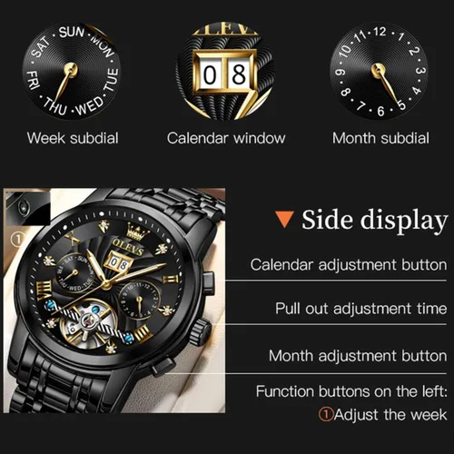 Vista 6 de OLEVS Relojes automáticos para hombre, oro de lujo, vestido de diamantes de cuerda automática, esqueleto mecánico, Tourbillon, reloj de pulsera