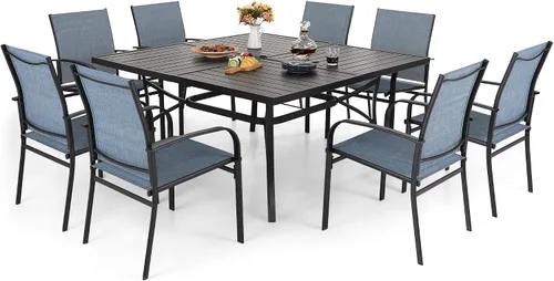Vista 6 de MIXPATIO - Juego de comedor de patio de 9 piezas, mesa cuadrada de metal de 57.5 pulgadas, 8 sillas de textileno Azul