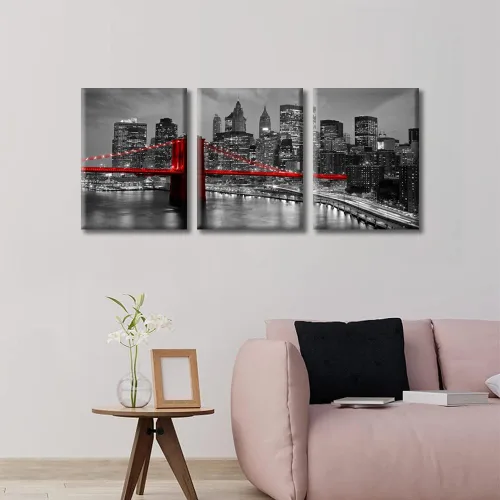 Vista 3 de TUMOVO Arte de pared en blanco y negro con paisaje urbano de Nueva York, decoración de pared de horizonte de Nueva York para sala de estar, puente